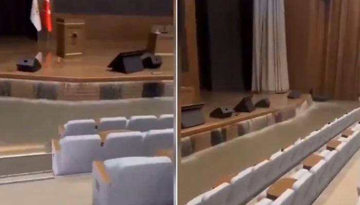 Ankara’daki kuvvetli sağanak nedeniyle AK Parti Kongre Merkezi’ndeki salonu da su bastı